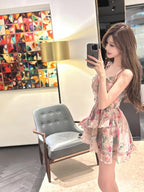 Floral Ruffle Strap Lace Up Fit And Flare Mini Dress