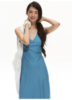 Blue Polka Dot V Neck Backless A-Line Maxi Dress
