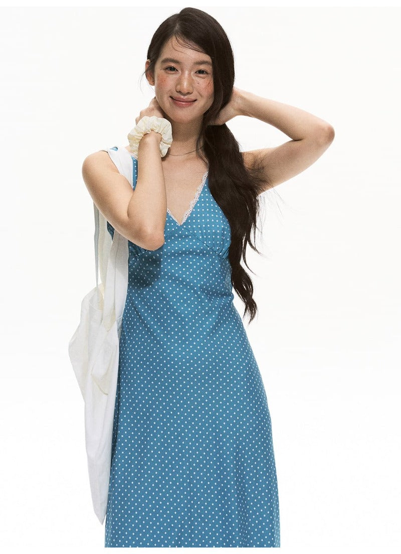 Blue Polka Dot V Neck Backless A-Line Maxi Dress