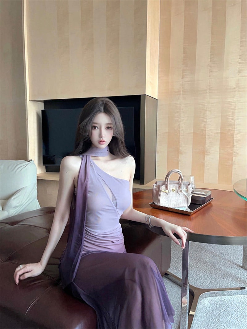 Sultry Purple Gradient Scarf Neck Mesh Maxi Dress