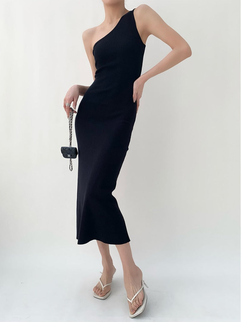 Black Minimalist One Shoulder Asymmetric Sheath Maxi Dress