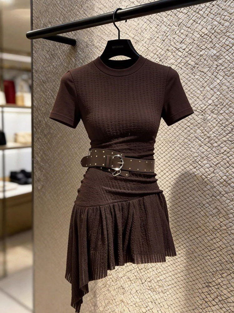 Coffee Brown Round Neck Short Sleeve Asymmetric A-Line Mini Dress
