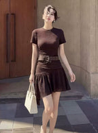Coffee Brown Round Neck Short Sleeve Asymmetric A-Line Mini Dress