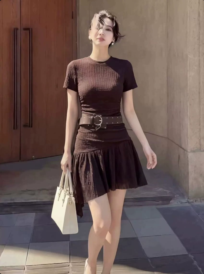 Coffee Brown Round Neck Short Sleeve Asymmetric A-Line Mini Dress