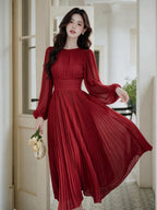Elegant Pleated Lantern Sleeve Fit-and-Flare Maxi Dress