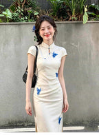 Ivory Butterfly Embroidered Mandarin Collar Maxi Dress