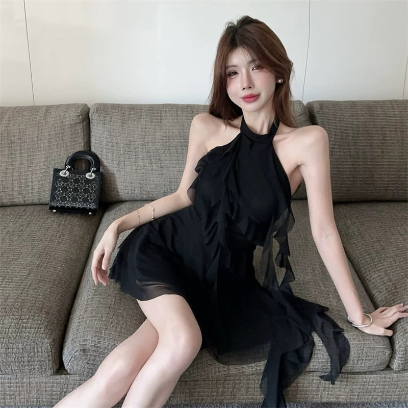 Flirty Black Ruffle Halter High-Low Mini Dress