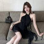 Flirty Black Ruffle Halter High-Low Mini Dress