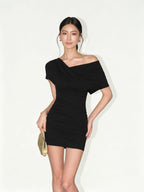 Ruched Cowl Neck Bodycon Mini Dress with Short Sleeves