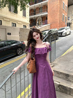 Purple Off Shoulder Embroidered A-Line Maxi Dress