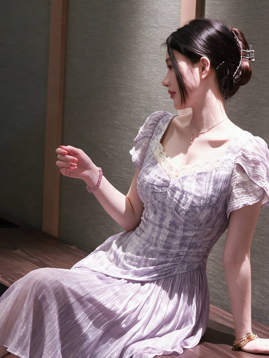 Purple Lace Trim Sweetheart Puff Sleeve A-Line Midi Dress