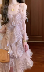 Blush Pleated Ruffle Tiered A-Line Mini Dress