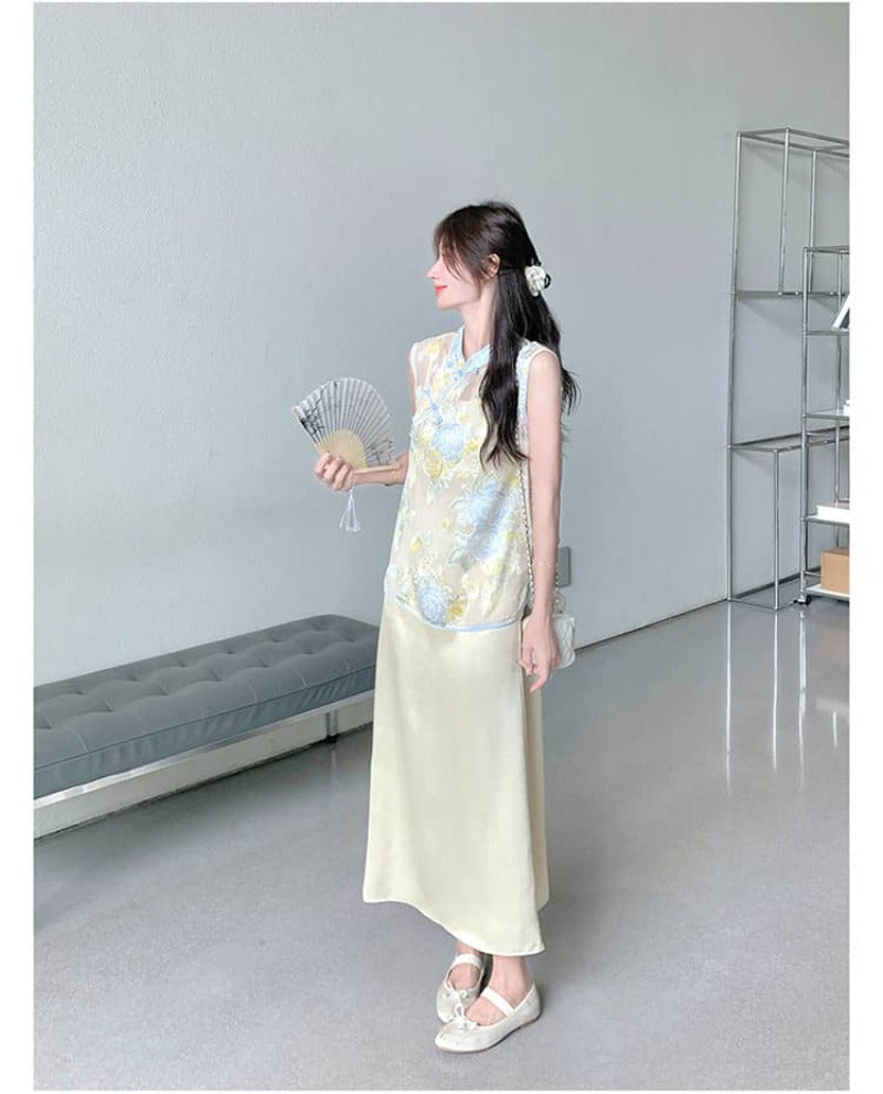 Printed Mandarin Collar Cami Maxi Dress Set