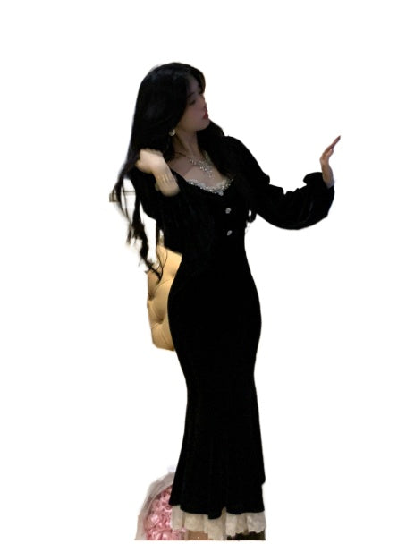 Black Velvet Lace Square Neck Mermaid Midi Dress