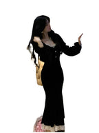 Black Velvet Lace Square Neck Mermaid Midi Dress