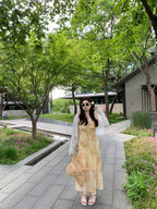 Black/Yellow Floral V Neck Spaghetti Strap A Line Maxi Dress