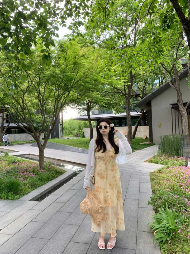 Black/Yellow Floral V Neck Spaghetti Strap A Line Maxi Dress