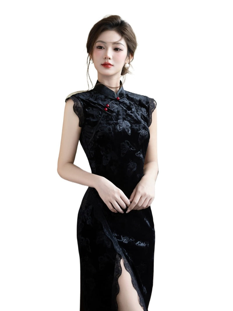 Vintage Black Velvet Mandarin Collar Side Slit Maxi Dress Main image