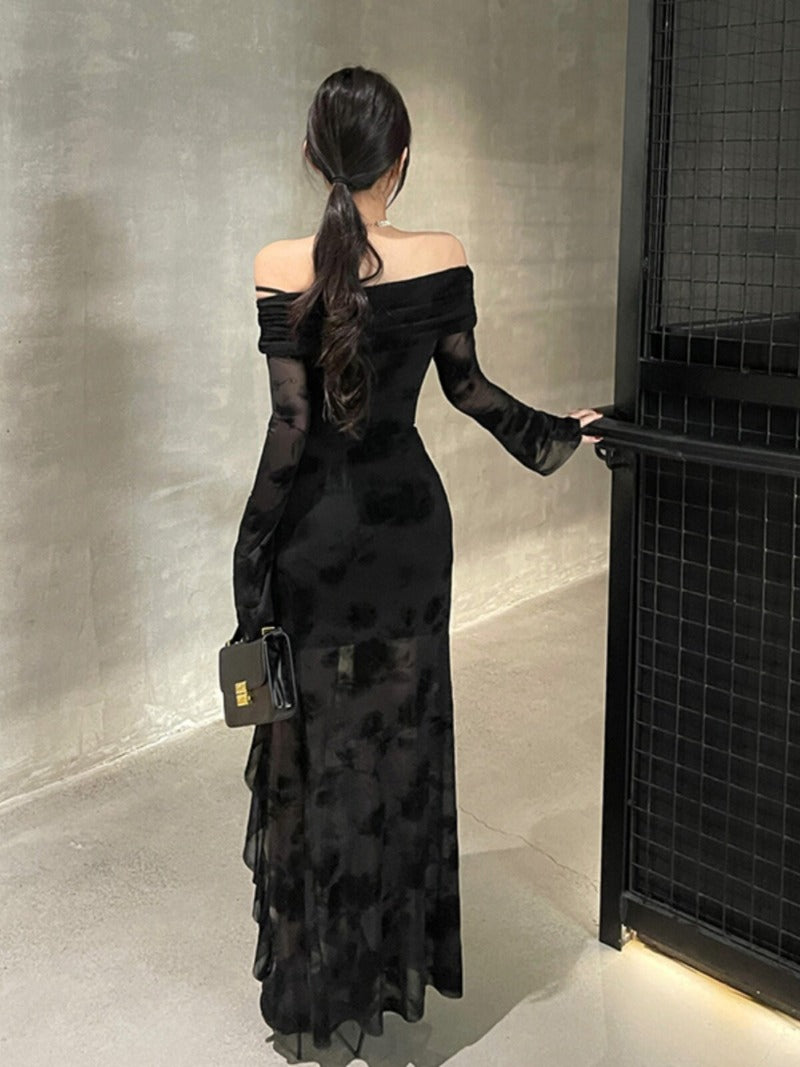 Black Floral Off Shoulder Long Sleeve Slit Maxi Dress