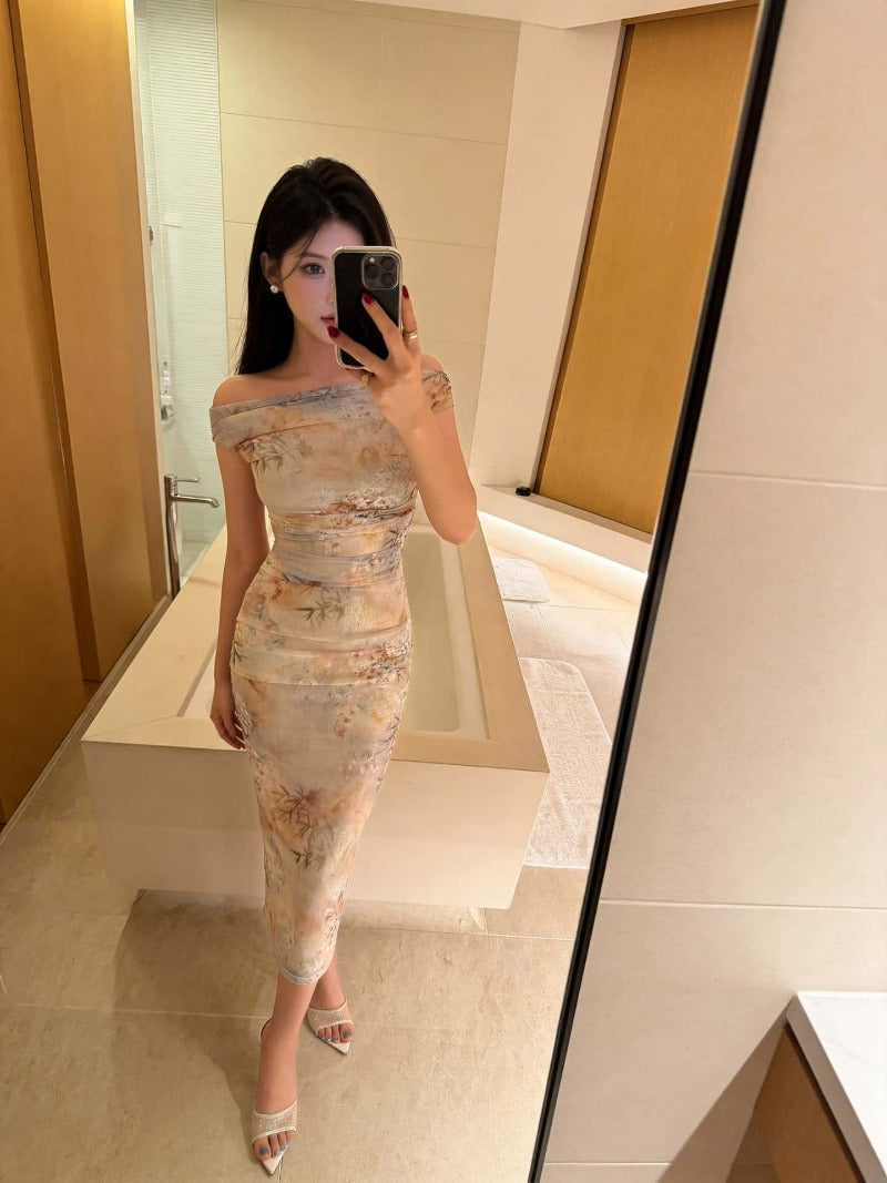 Beige Floral Off Shoulder Ruched Bodycon Midi Dress