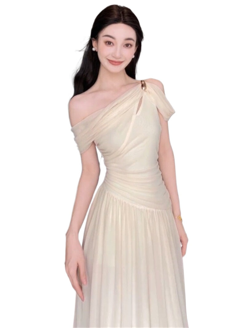 Elara Ivory Draped One Shoulder Maxi Dress
