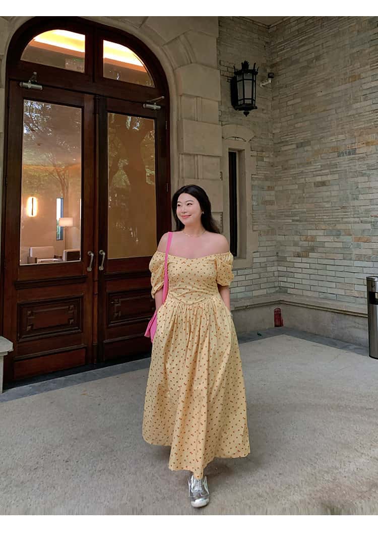 Yellow Floral Off Shoulder Puff Sleeve A-Line Maxi Dress
