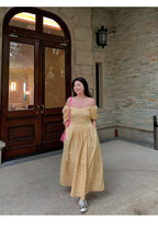 Yellow Floral Off Shoulder Puff Sleeve A-Line Maxi Dress