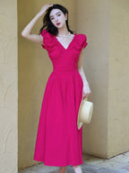 Pink/Black V Neck Ruffle Sleeve Midi Dress