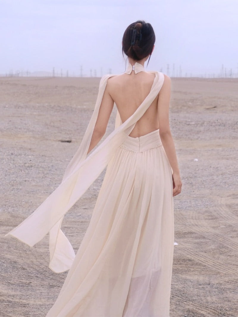 Desert Goddess Apricot Scarf Halter Backless Maxi Dress