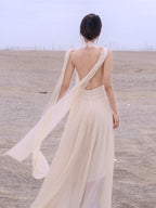 Desert Goddess Apricot Scarf Halter Backless Maxi Dress