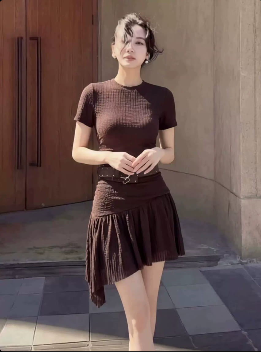 Coffee Brown Round Neck Short Sleeve Asymmetric A-Line Mini Dress Main image