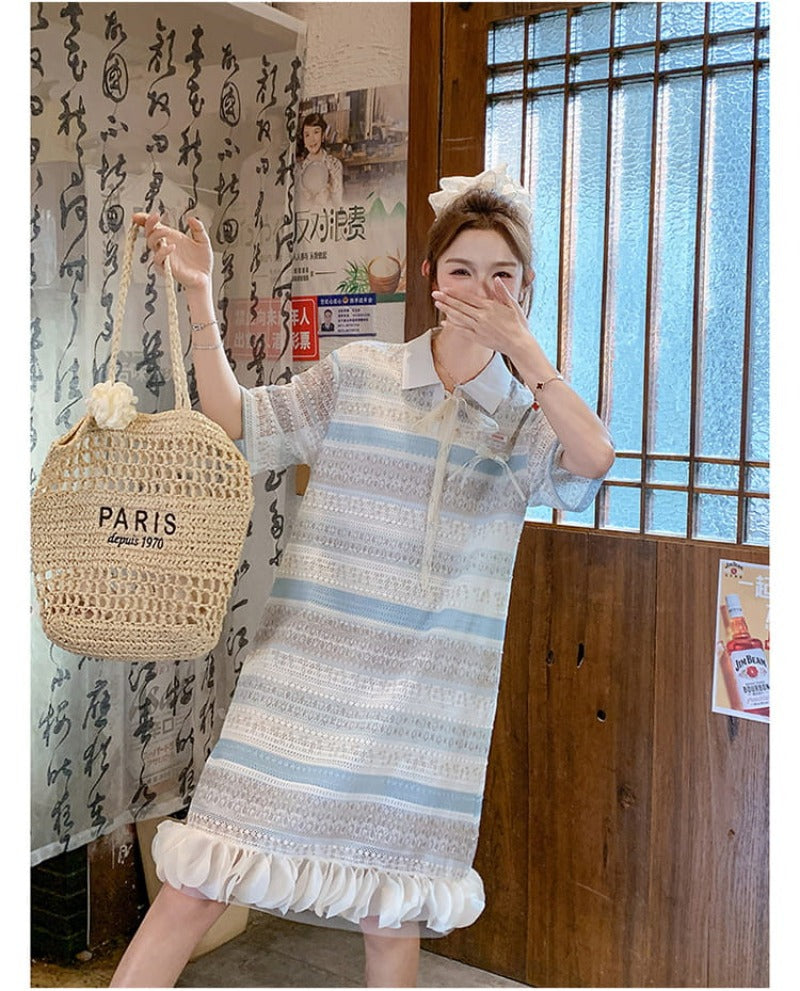 Blue Striped Lace Short Sleeve Polo Shift Mini Dress