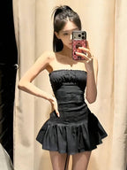 Black Strapless Ruched Ruffle Hem A-Line Mini Dress