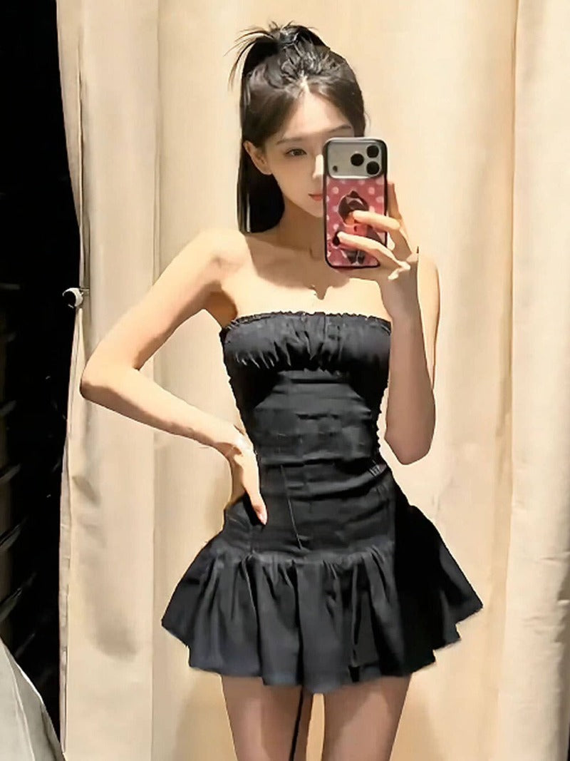 Black Strapless Ruched Ruffle Hem A-Line Mini Dress