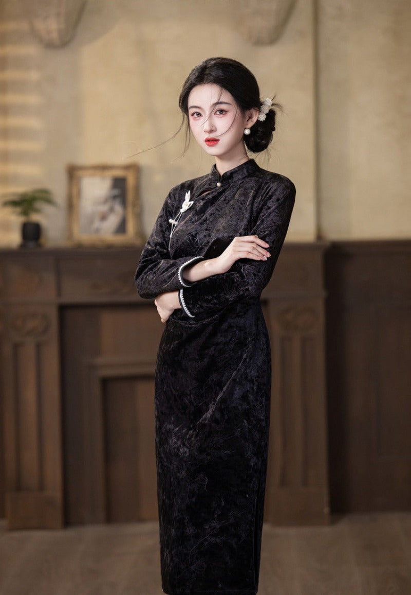 Embossed Velvet Mandarin Collar Sheath Midi Dress