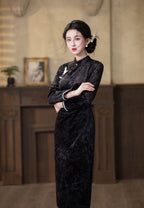 Embossed Velvet Mandarin Collar Sheath Midi Dress