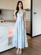 French Style Printed Tie Front Cami A-Line Maxi Dress