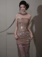 Champagne Mesh Sequin Appliqué Strapless Mermaid Maxi Dress