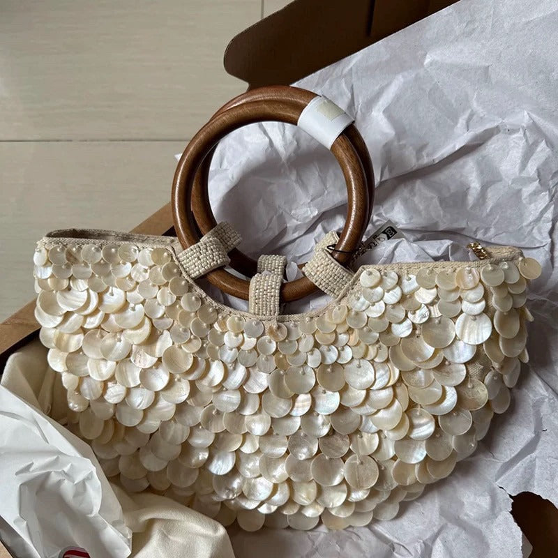 Ivory Shell Detail Evening Bag with Ring Handle
