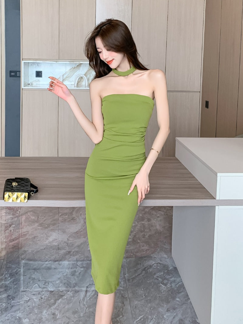 Strapless Scarf Neck Bodycon Midi Dress