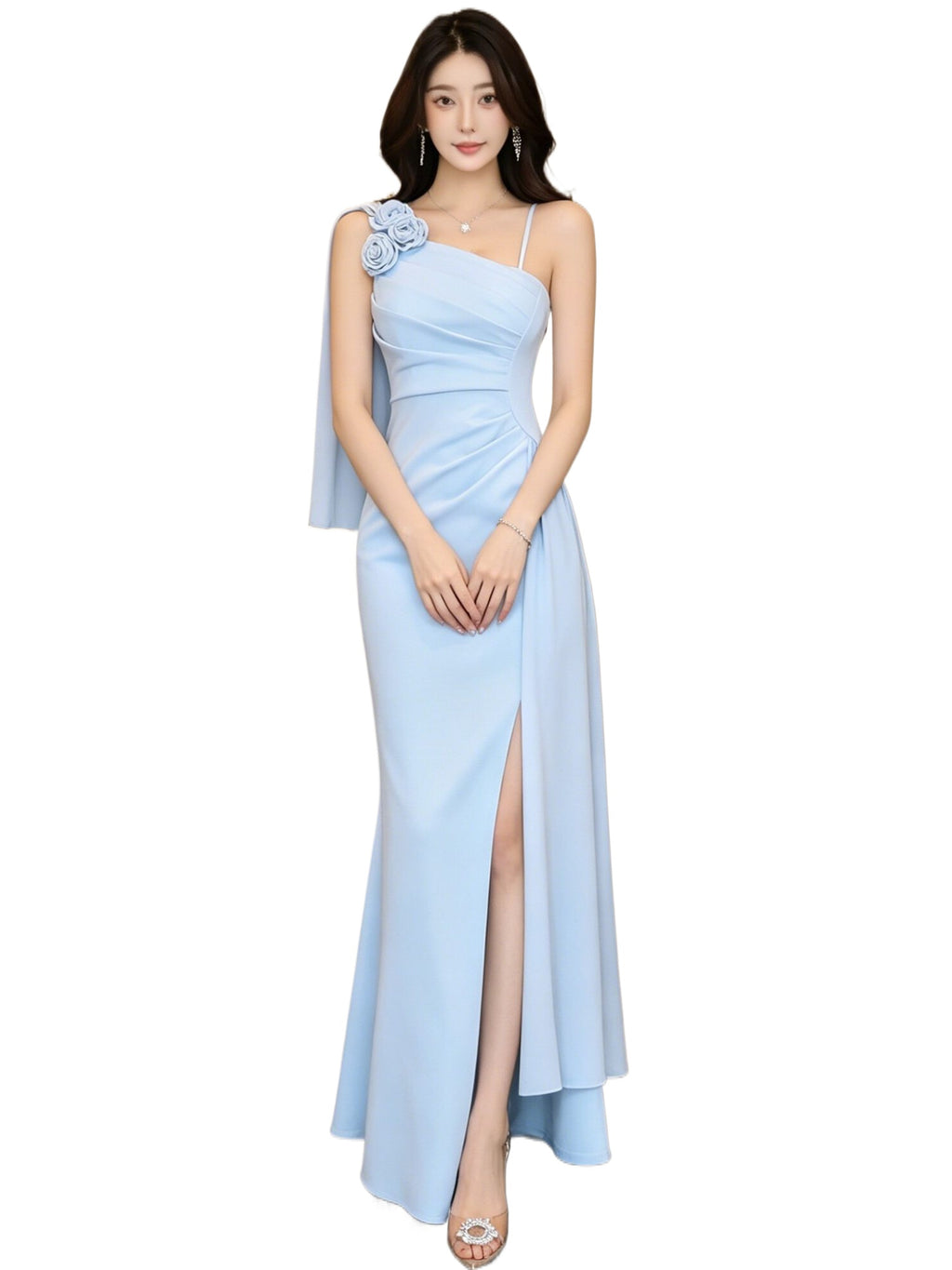 Sky Blue Floral One Shoulder Slit Maxi Dress