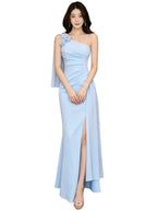 Sky Blue Floral One Shoulder Slit Maxi Dress