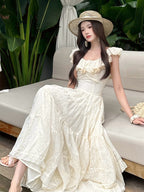 Ivory Ruffle Neck Embroidered Tiered Maxi Dress