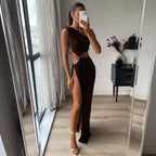 One Shoulder Cutout High Slit Maxi Dress