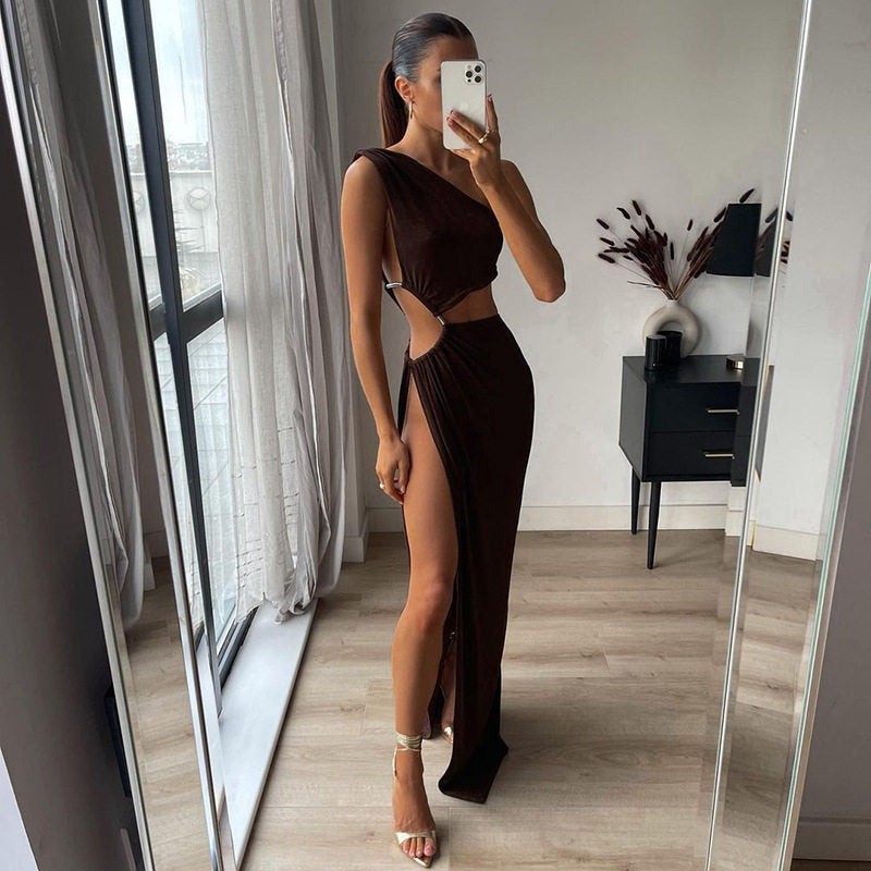 One Shoulder Cutout High Slit Maxi Dress