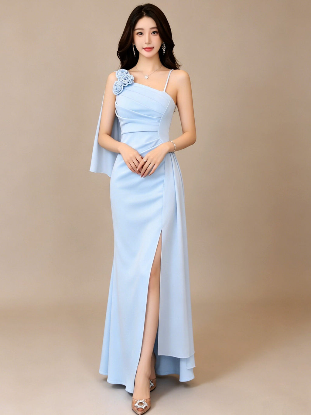 Sky Blue Floral One Shoulder Slit Maxi Dress