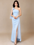 Sky Blue Floral One Shoulder Slit Maxi Dress