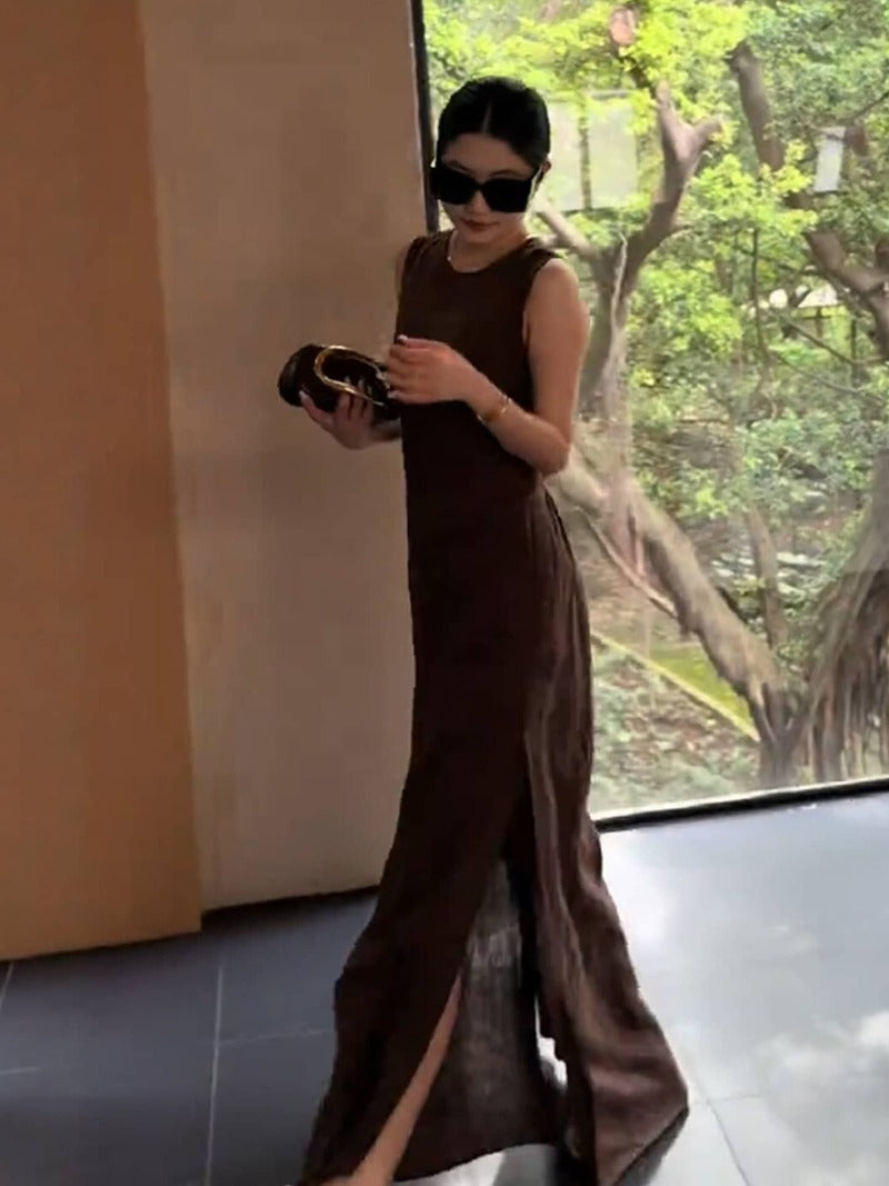Coffee Brown Open Back Sleeveless Side Slit Maxi Dress Main image