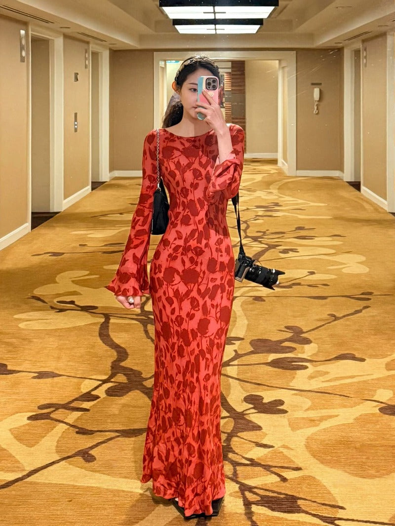 Floral Round Neck Bell Sleeve Mermaid Maxi Dress