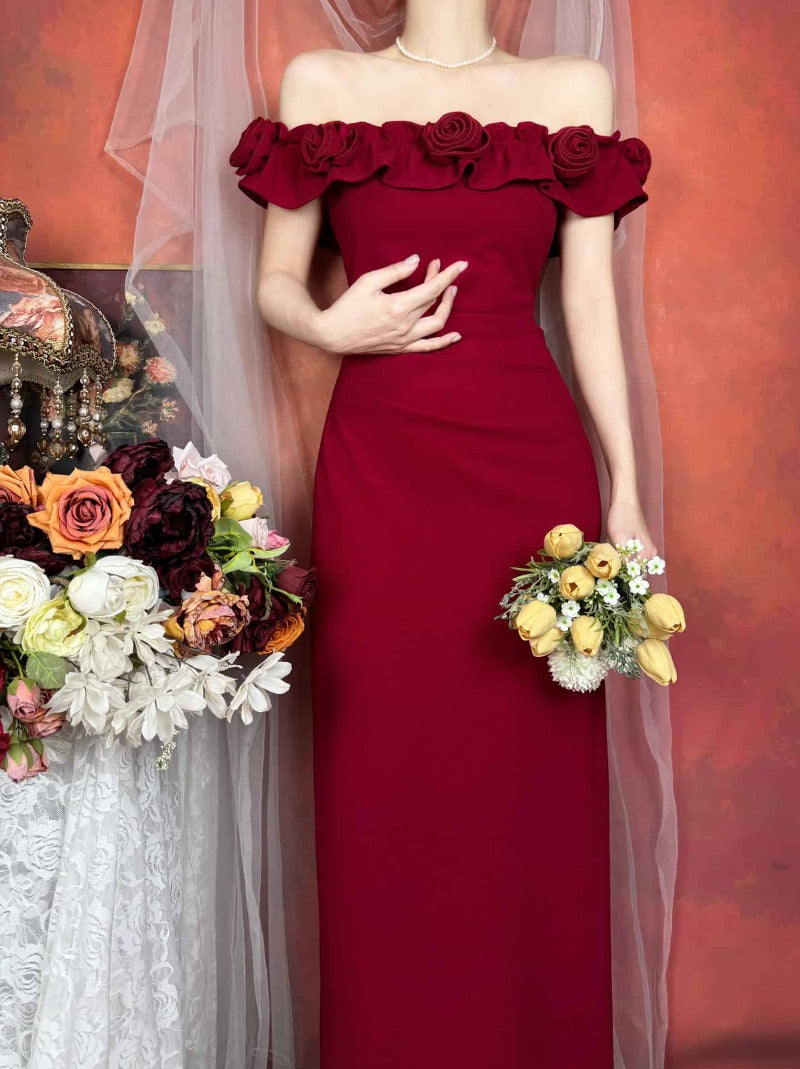 Off Shoulder Rose Appliqué Slit Maxi Dress